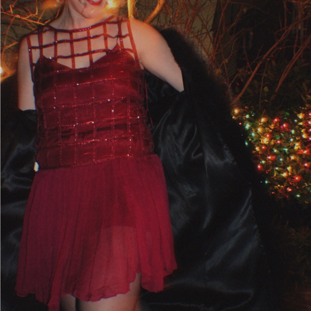 Free People Red Sequin Pleated Mini Sundress